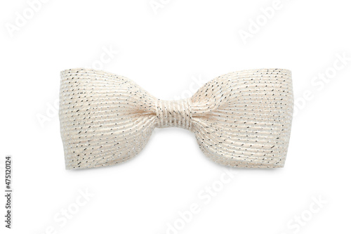Pretty burlap bow with silver thread isolated on white
