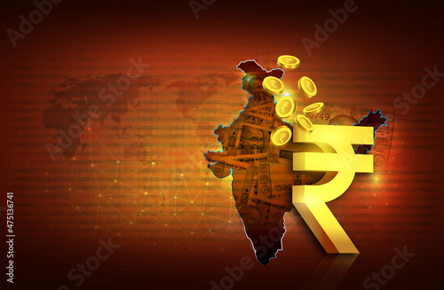 Indian economy concept, finance background with Indian rupee icon, falling rupee coins, Indian map with currency background illustration, brown, yellow