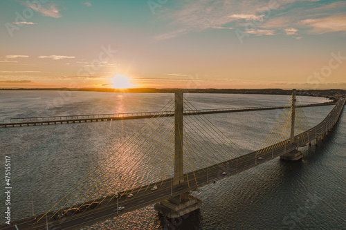 aerial image with sunrise drone on the anita garibalde bridge in laguna Santa Catarina Brazil