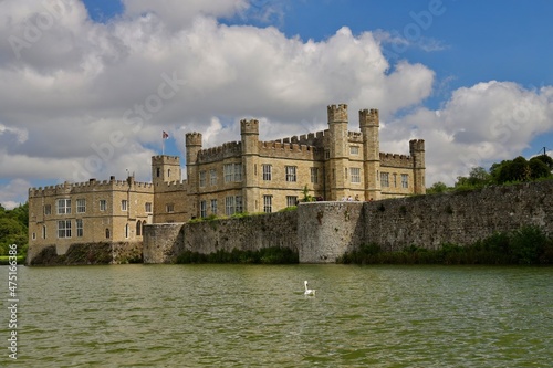 The scenic view of Leeds castle. Leeds Castle is a castle in Kent, England, southeast of Maidstone. It is built on islands in a lake formed by the River Len.