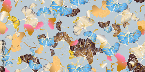Ginkgo biloba leaves seamless pattern in trendy minimal style. Leaves of ginkgo bilboa. Floral design for luxury elegant wall art ,interior design, printing on fabric, invitation, wrapping, wallpaper