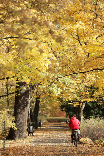 Kobieta na rowerze w czerwonej kurtce jedzie przez park. 