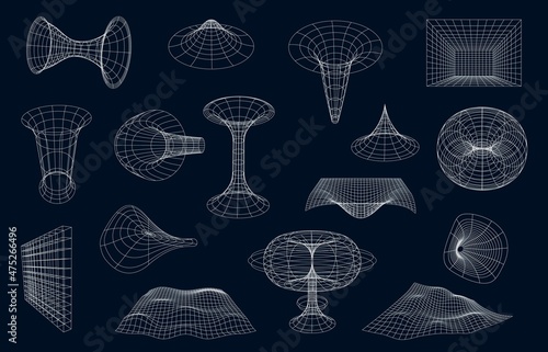 3d Wireframe geometric shapes, surface grid and sphere ball, torus and net, cyber globe. Vector science figures, objects, fractals and graphic forms circles. Waves, wire structures and constructions