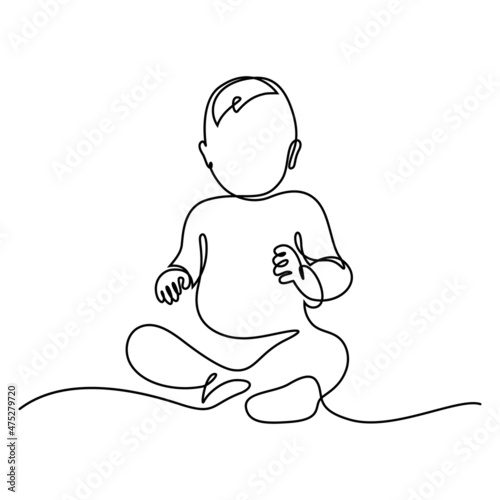 Baby boy sitting in continuous line art drawing style. Cute toddler child black linear sketch isolated on white background. Vector illustration