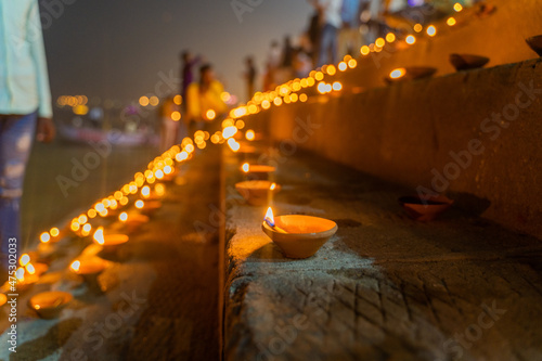Dev Deepawali festival, Earthen lamps lit on the stairs leading to the Ganges, Varanasi Dev Diwali