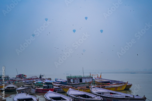 Hot Air Balloon flying over the ghats of Varanasi