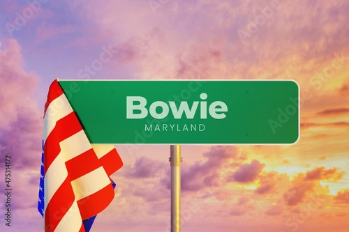 Bowie - Maryland/USA. Road or City Sign. Flag of the united states. Sunset Sky.
