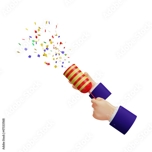 3d hands blowing up a confetti firecracker isolated on a white background, 3d rendering