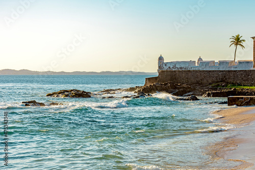 Old and historic colonial style fortress built in the 17th century on the seafront of Salvador, Bahia