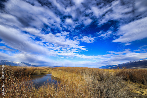 Storm clouds above the Owens River and Owens Valley near bishop in California