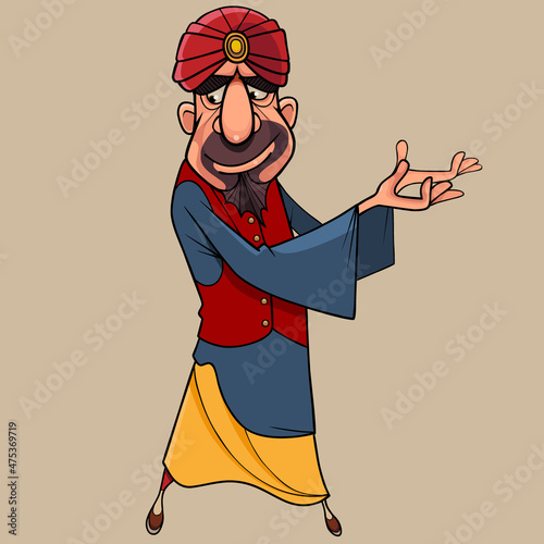 cartoon man dressed as a fairy sultan shows with his hands to one side