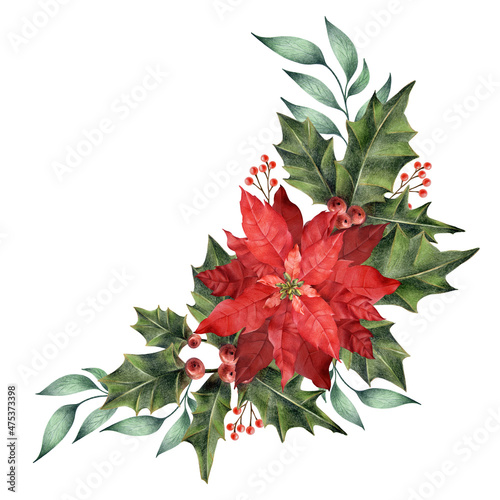 The composition on the corner is made of red poinsettia, green leaves and red berries. Decoration for festive greetings for Christmas and New Year. Drawing by hand with colored pencils.
