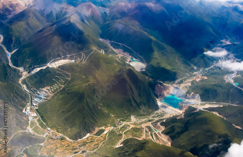 Aerial view of village and barley field in Lhasa Valley, Tibet, China