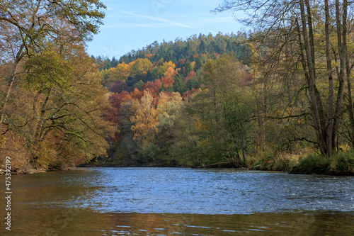 Landscape of River Amper surrounded by a yellowing forest in autumn in Germany