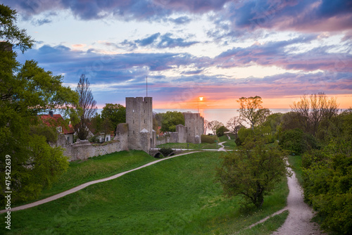 Sweden, Gotland Island, Visby, 12th century city wall, most complete medieval city wall in Europe, sunset