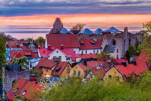 Sweden, Gotland Island, Visby, high angle city view, dusk