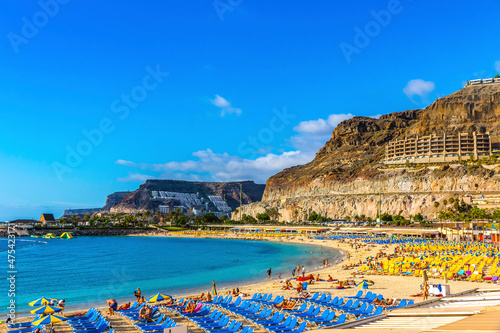 Picturesque view of Amadores beach (Spanish: Playa del Amadores) near famous holiday resort Puerto Rico de Gran Canaria on Gran Canaria island, Spain