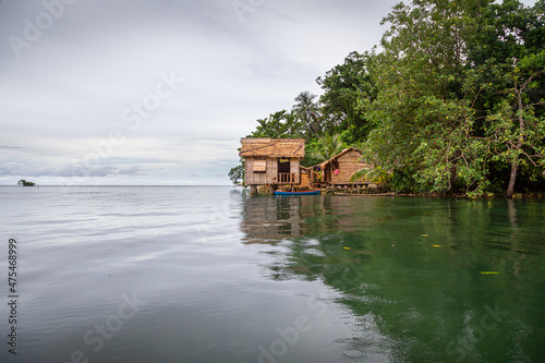 Traditional house built over the water in the Solomon Islands.