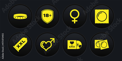 Set Condom safe sex, in package, Male gender and heart, Disc with inscription Sex, Female symbol, Shield 18 plus, Condoms and Leather fetish collar icon. Vector
