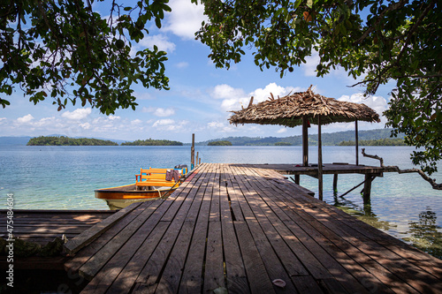 Small boat jetty at an Ecolodge in Marovo Lagoon of the Solomon Islands.