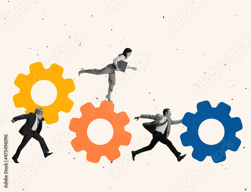 Contemporary art collage of people, employee connecting mechanism symbolizing team work