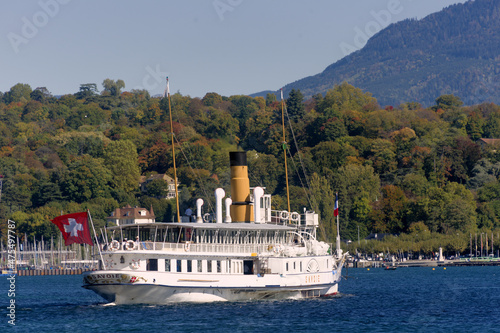 a vintage steamboat cruising on Lake Geneva, Geneva, Switzerland