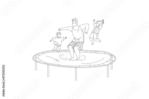 Father with children jump high on trampoline line vector illustration. Healthy family character lifestyle, fun time concept