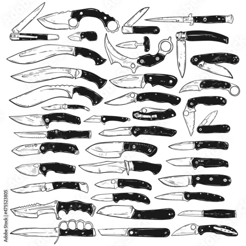 Vector Knives Set Isolated on White, collection of knives for various purposes