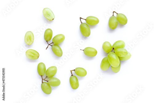 Green grapes isolated on white background. Top view. Flat lay. 