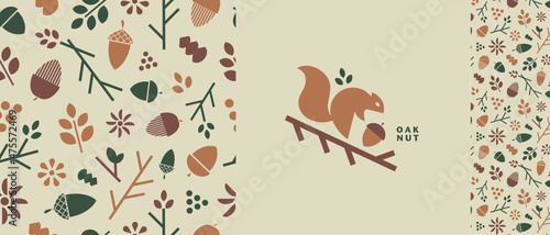 Visual identity for an eco-responsible brand, with squirrel logo, acorn icon and a floral and gourmet pattern. 