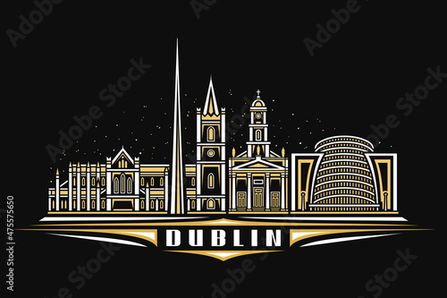 Vector illustration of Dublin, black horizontal poster with linear design famous dublin city scape on dusk sky background, european urban line art concept with decorative lettering for word dublin