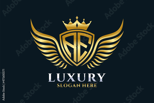 Luxury royal wing Letter RE crest Gold color Logo vector, Victory logo, crest logo, wing logo, vector logo template.