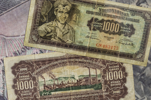 Top view of two 1000 Yugoslav dinars