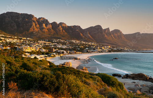 Idyllic Camps Bay beach and Table Mountain in Cape Town, South Africa