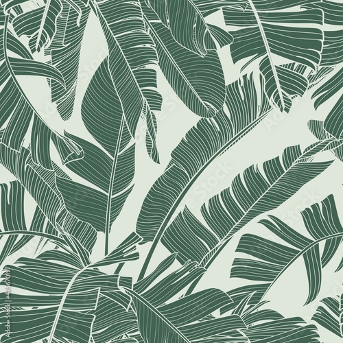 Botanical seamless pattern, hand drawn line art banana leaves. Printable vintage green wallpaper or textile illustration.