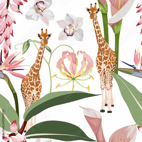 Giraffe animal with tropical green leaves and orchid flowers. Cartoon exotic seamless illustration repeating pattern on vintage light yellow background. Floral wallpaper.
