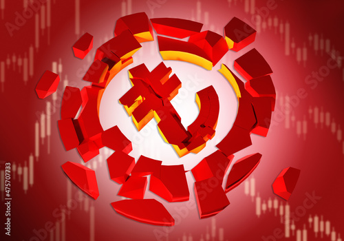 Lira devaluation concept. Turkish currency exchange rate drop. Scraps of Turkish currency on red background. Devaluation of lira triggered crisis in Turkey. Financial depression in Turkey. 3d image.