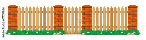 Wooden fence with gate and pillars of bricks. fence with grass, flowers and stones. Vector