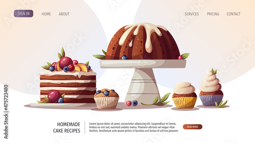 Cakes, muffin, cupcakes. Baking, bakery shop, cooking, sweet products, dessert, pastry concept. Vector illustration for poster, banner, website, advertising.
