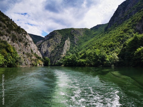  Lake in the Matka canyon - Macedonia. Mountains, emerald water, motor boats. Landscape without people