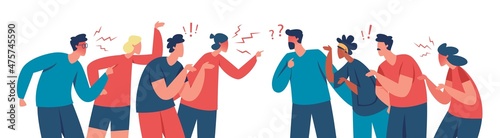 Two groups of people arguing and fighting, conflict among people. Angry characters having argument or disagreement vector illustration. Colleagues having debate or misunderstanding