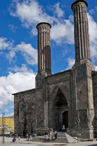 The ancient carved stone Cifte Minareli Medrese (Twin Minaret Seminary) in Ezurum, Eastern Anatolia, Turkey