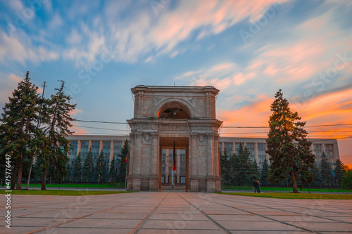 Cathedral Park gate under a blue cloudy sky with long exposure in Chisinau, Moldova