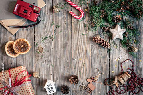 Christmas flat lay background on wooden surface, copy space.