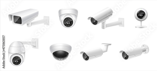 Closed circuit television cameras realistic set. External cctv. Surveillance equipment. Security monitoring system for smart home, company. Vector realistic cctv isolated on white background.
