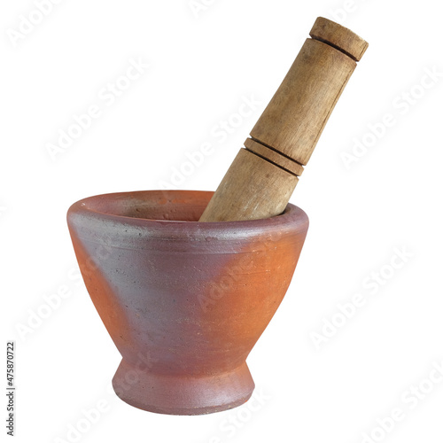 Clay mortar and wood pestle is a kitchenware object on white.