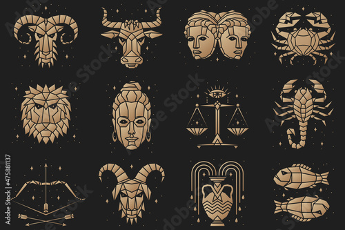 Zodiacal symbols. Vector illustration. Astrology, horoscope sign, graphic design elements, printing template. Esoteric zodiacal horoscope templates Isolated on black.