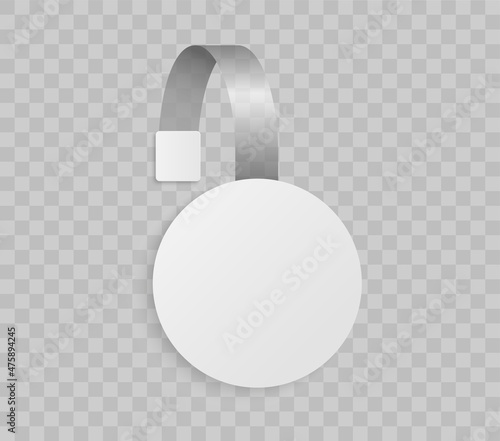 Advertising wobbler label. White round wobbler template. Supermarket shelf price label or sales point tag. Empty 3d promotional tag. Discount plastic tag. Vector illustration.