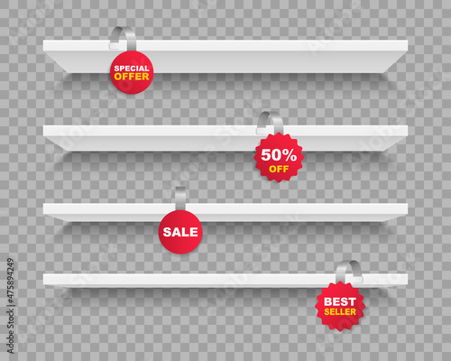 Store shelves with advertising wobbler labels. Realistic wobblers with discount sale and special offer hanging on supermarket shelves. Shop shelf price labels or sales point tag. Vector illustration.