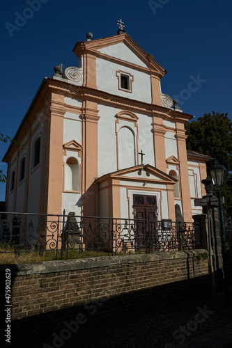 Litomerice, Czech Republic - September 9, 2021 - The Church of St. Adalbert in Litomice is a Baroque sacral monument in the place of the old settlement Zasada in Litomerice. 
